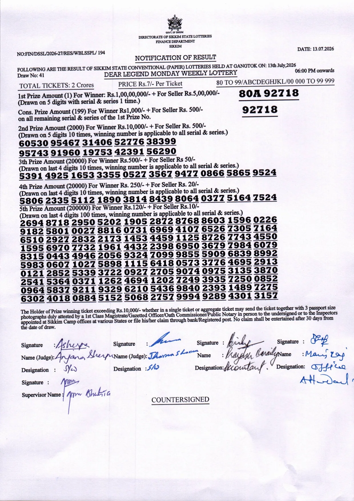 Dear Lottery result 6PM 13.07.2026