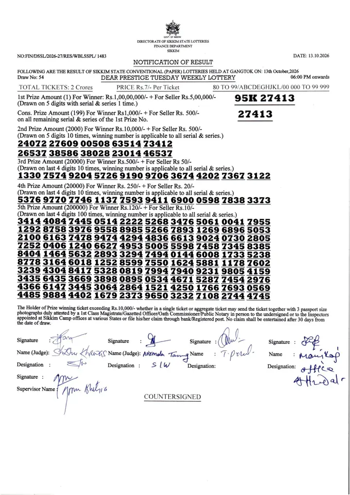 Dear Lottery result 6PM 13.10.2026