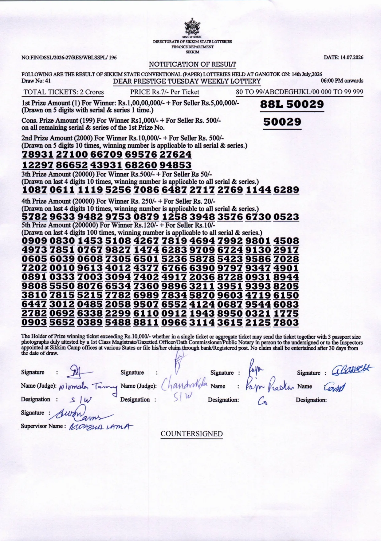 Dear Lottery result 6PM 14.07.2026