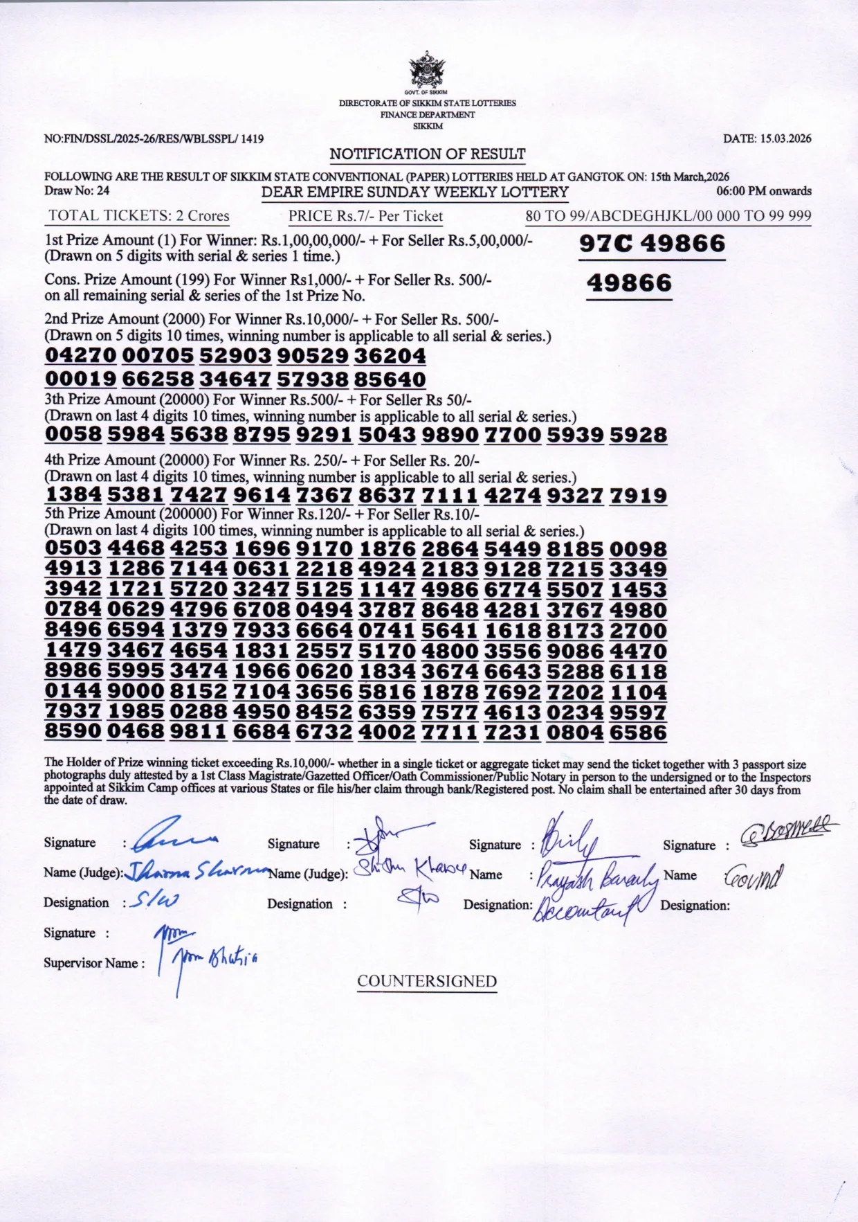 Dear Lottery result 6PM 15.03.2026