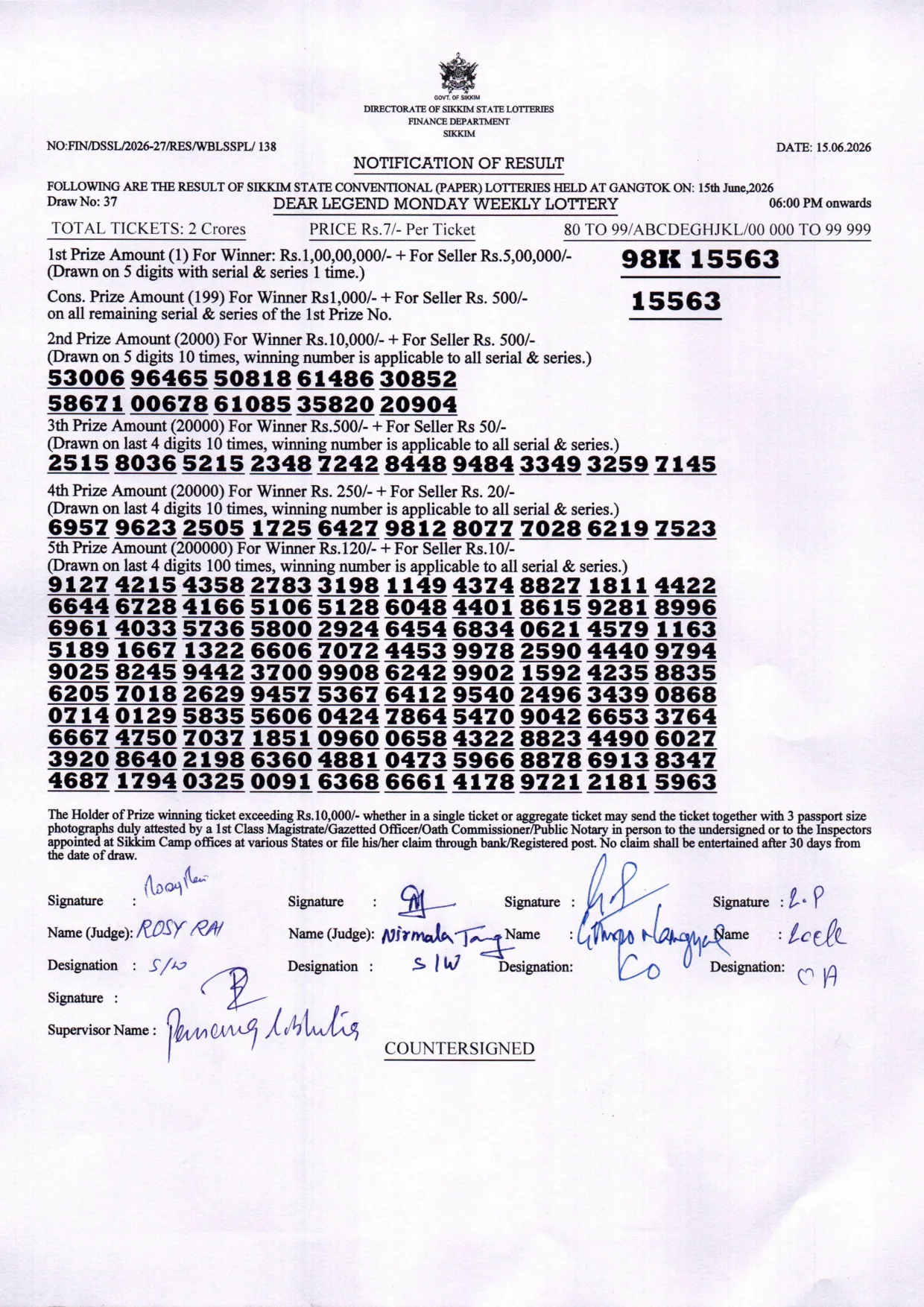 Dear Lottery result 6PM 15.06.2026