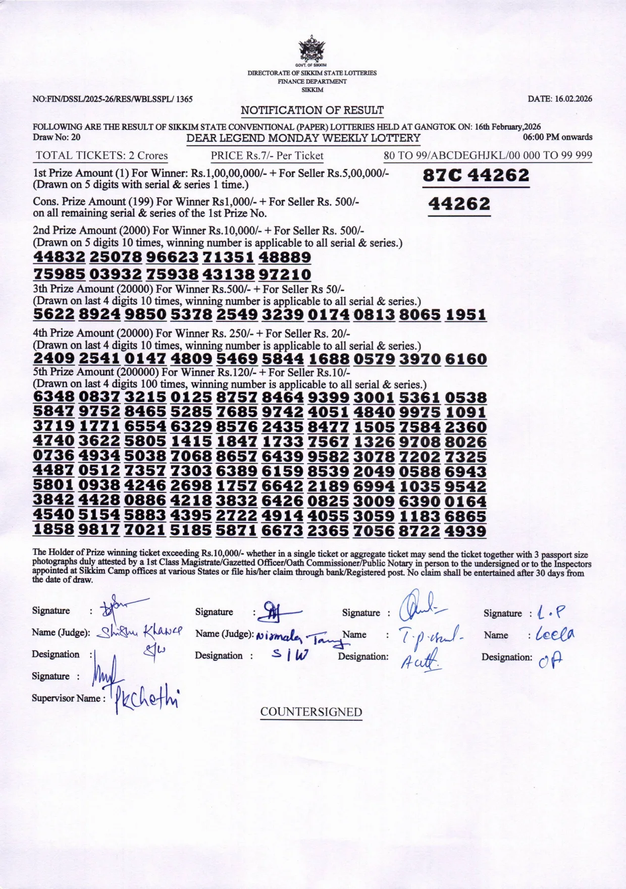 Dear Lottery result 6PM 16.02.2026