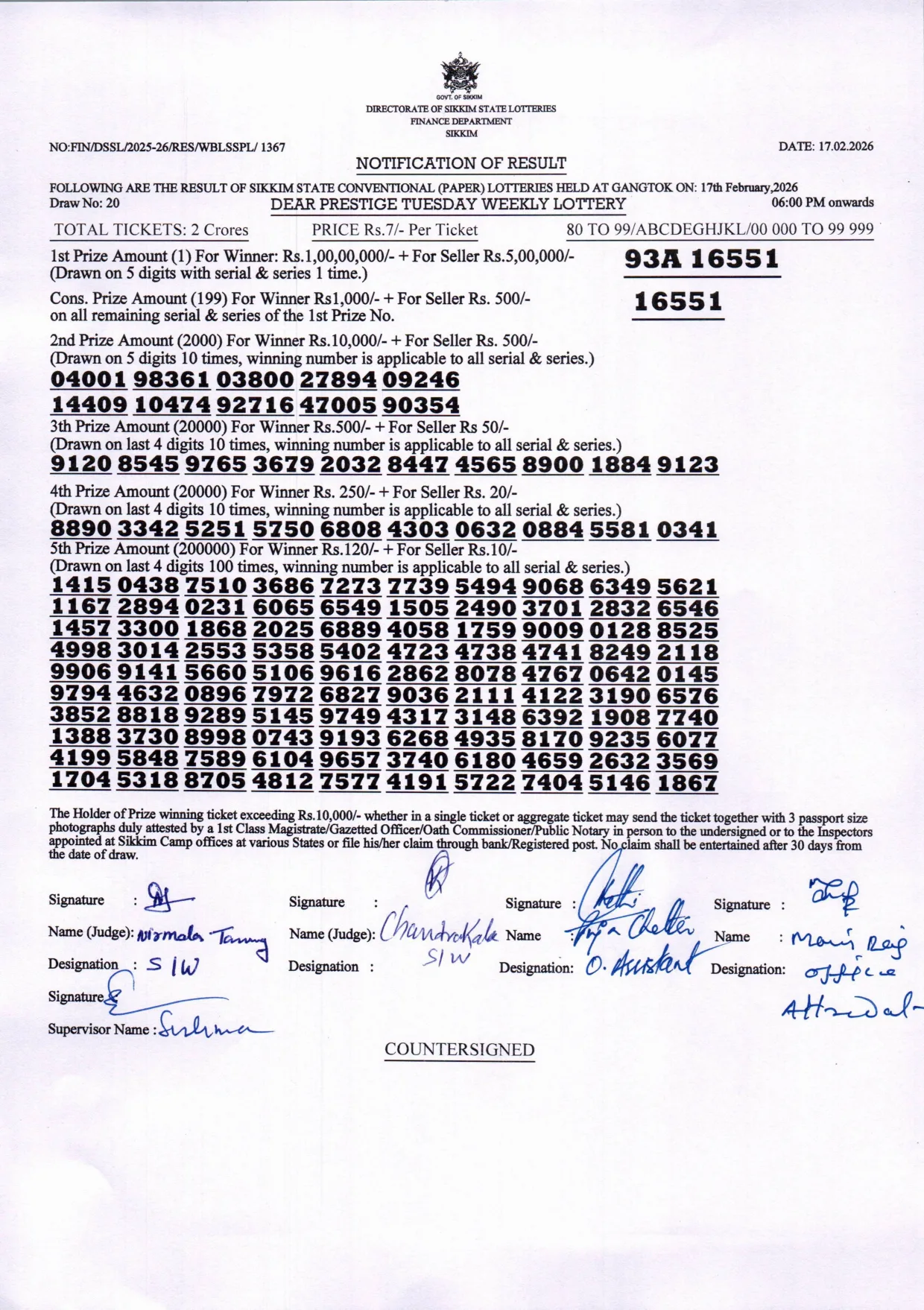 Dear Lottery result 6PM 17.02.2026