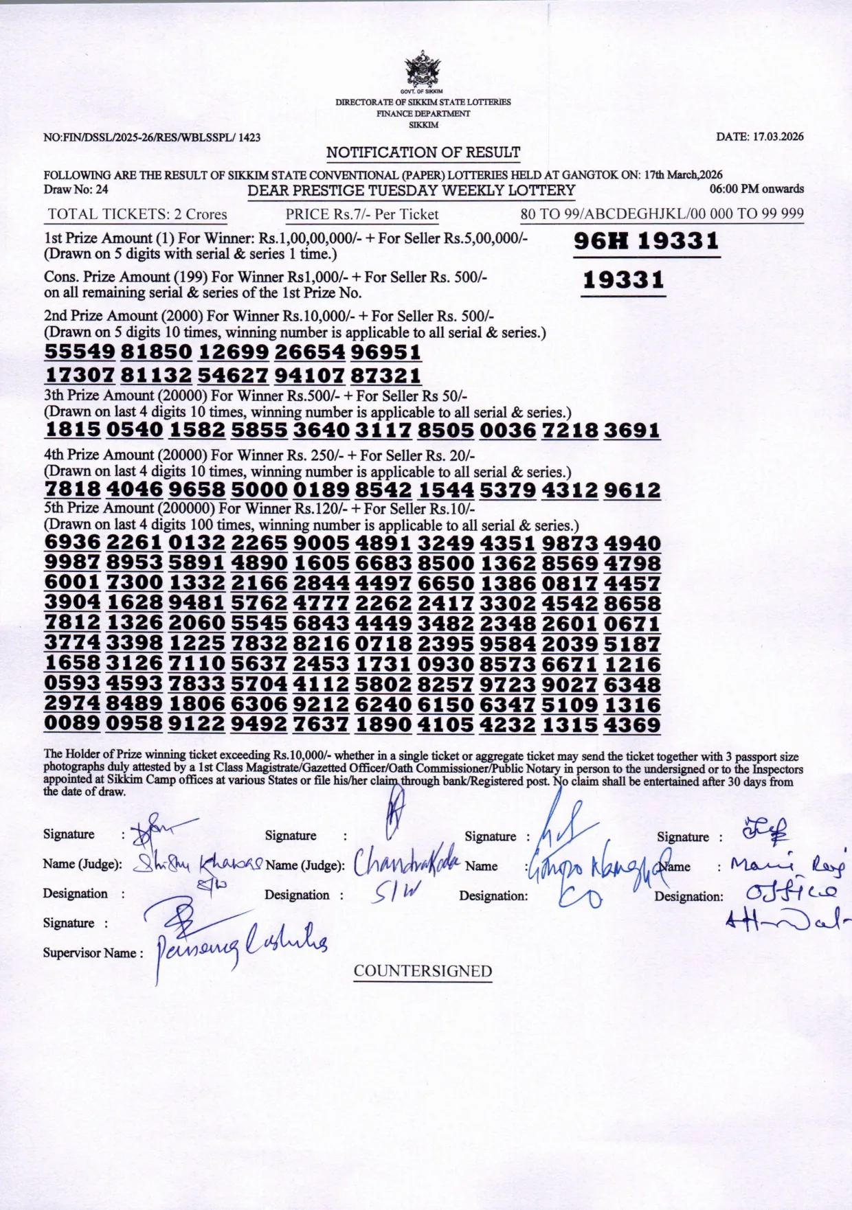 Dear Lottery result 6PM 17.03.2026