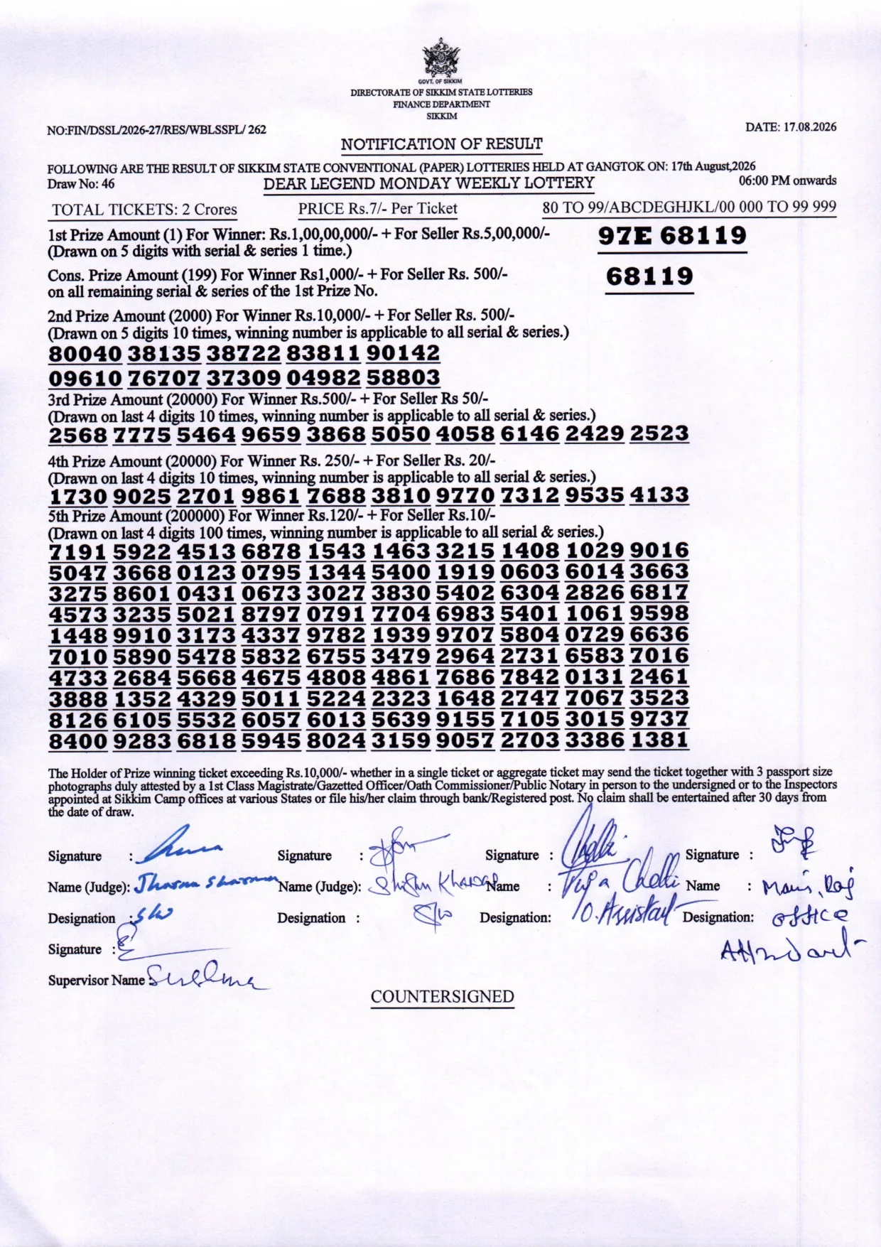 Dear Lottery result 6PM 17.08.2026