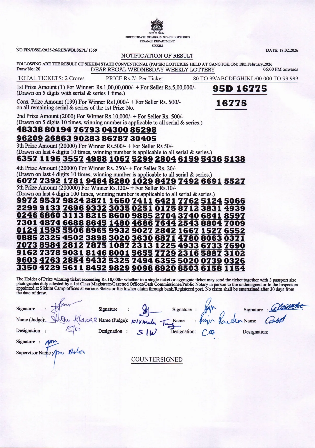 Dear Lottery result 6PM 18.02.2026
