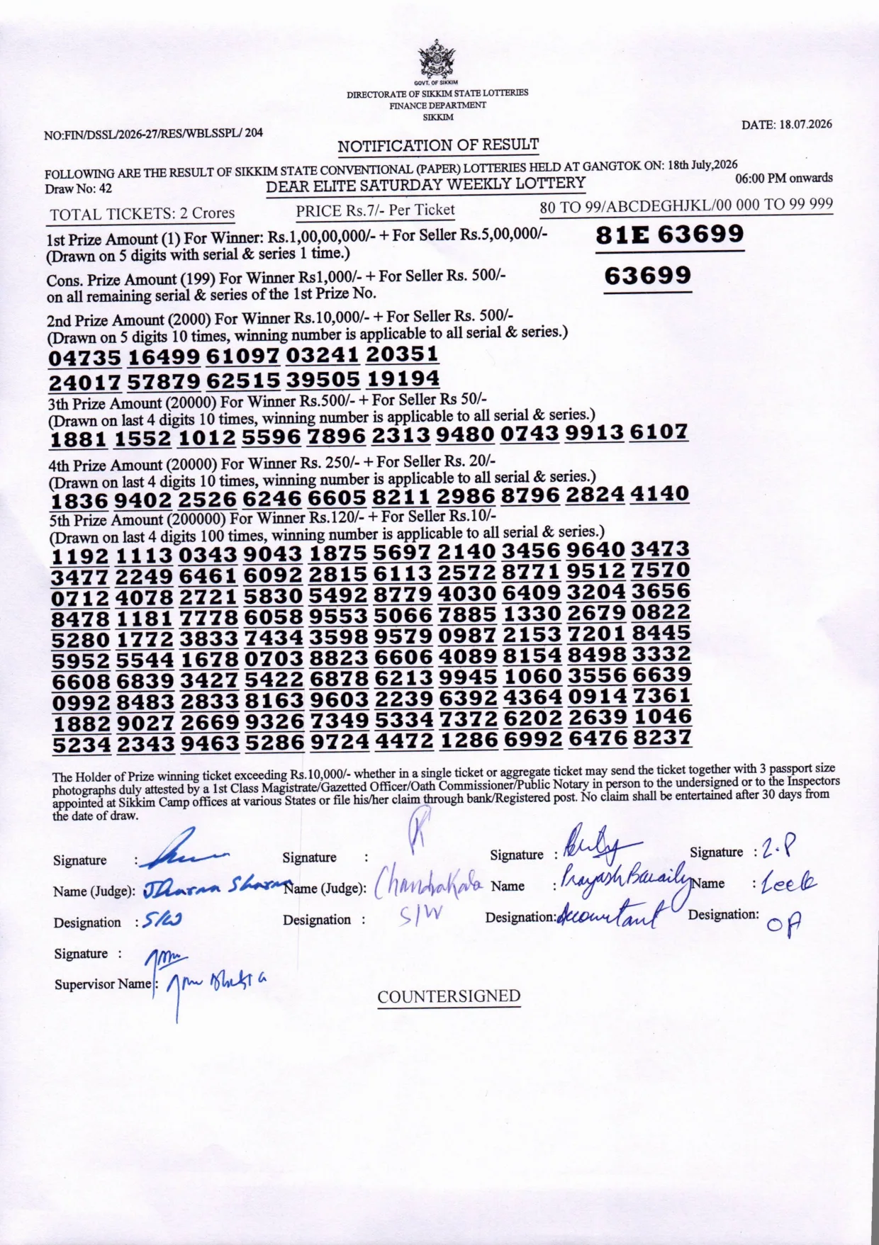 Dear Lottery result 6PM 18.07.2026