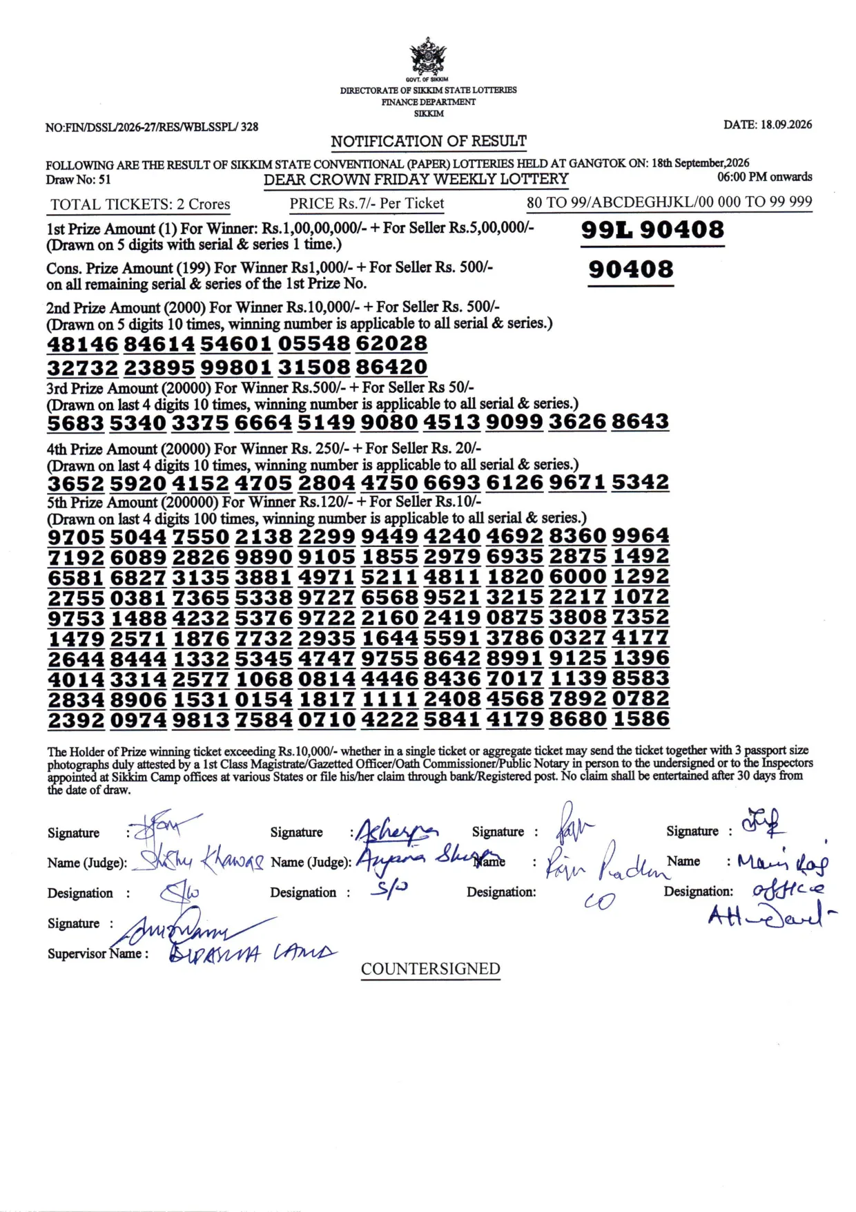 Dear Lottery result 6PM 18.09.2026