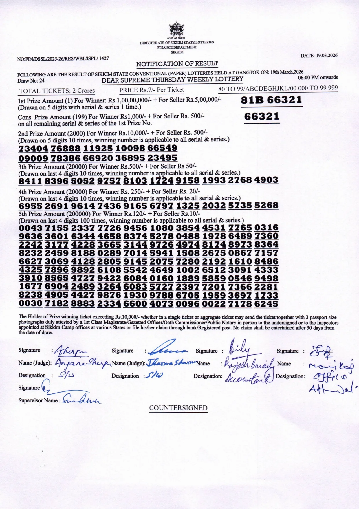 Dear Lottery result 6PM 19.03.2026