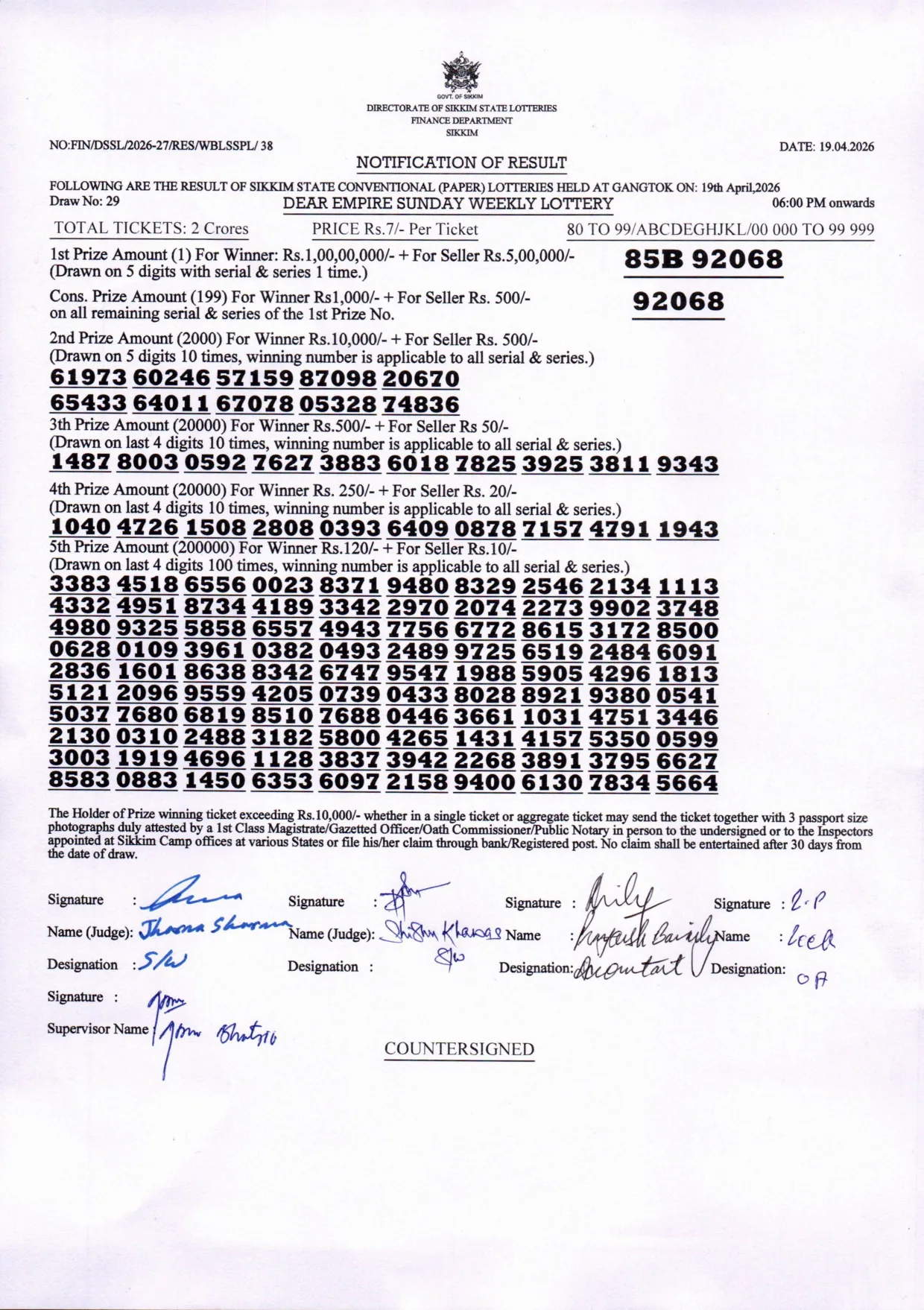 Dear Lottery result 6PM 19.04.2026