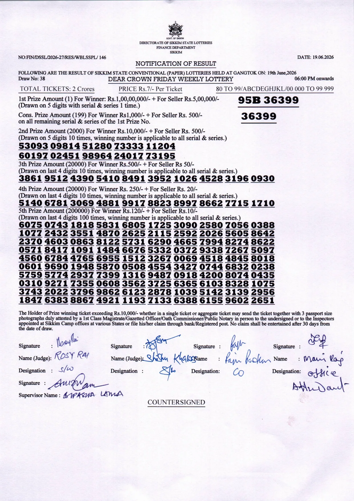 Dear Lottery result 6PM 19.06.2026