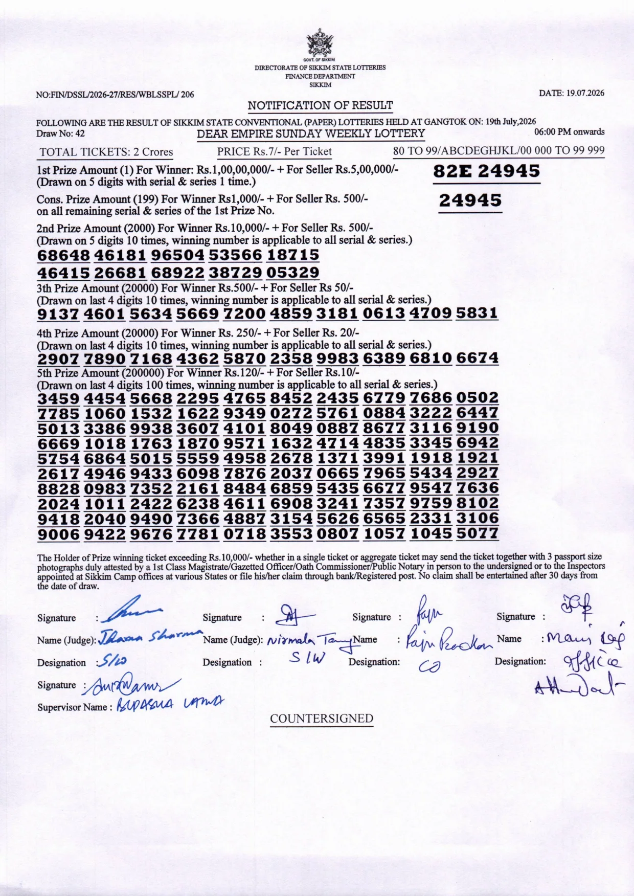 Dear Lottery result 6PM 19.07.2026