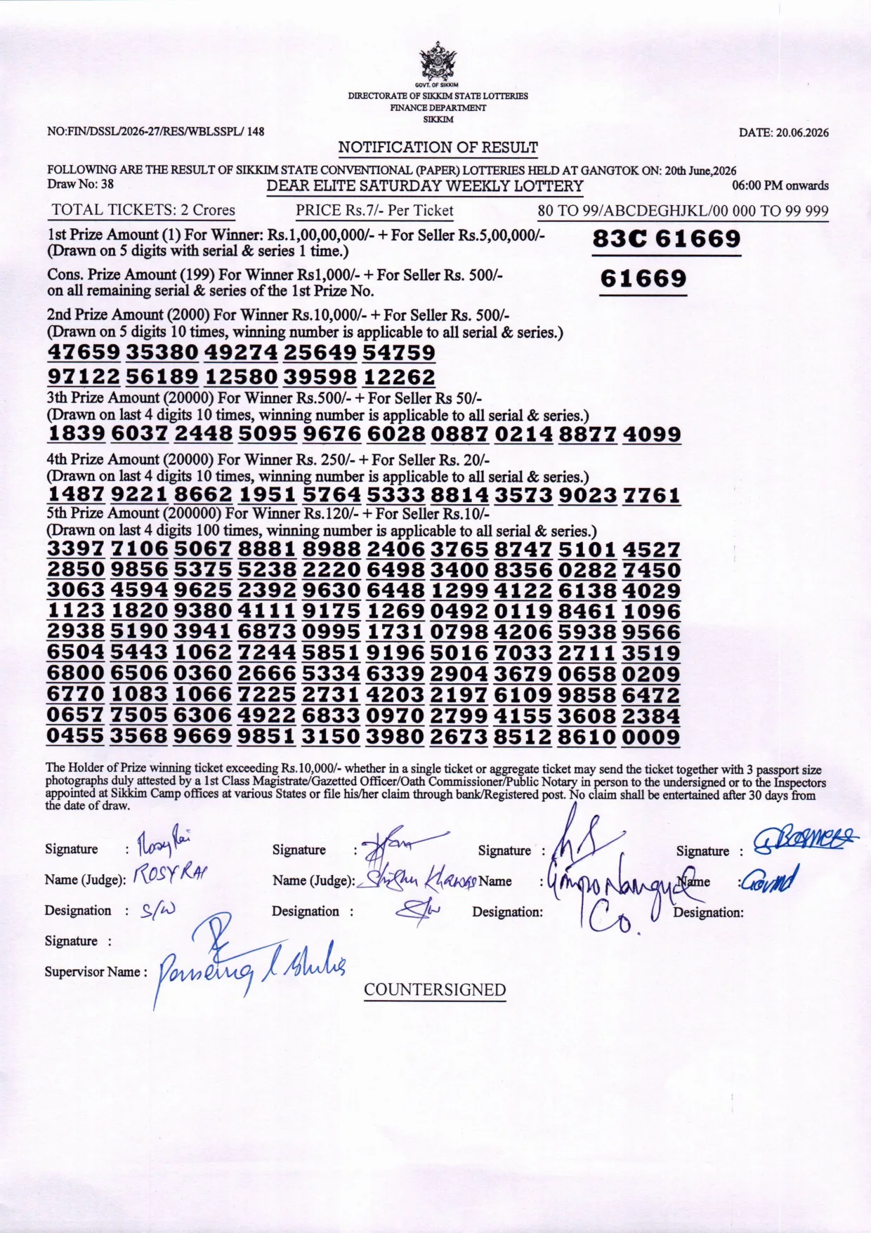 Dear Lottery result 6PM 20.06.2026