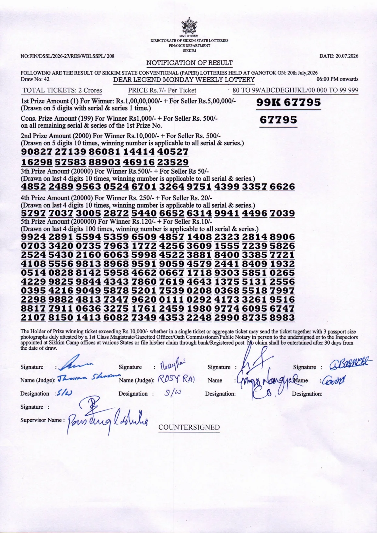 Dear Lottery result 6PM 20.07.2026