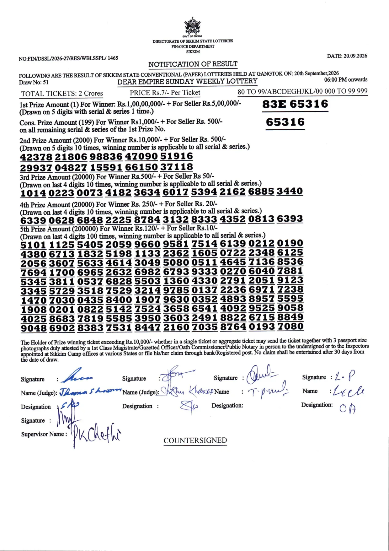 Dear Lottery result 6PM 20.09.2026