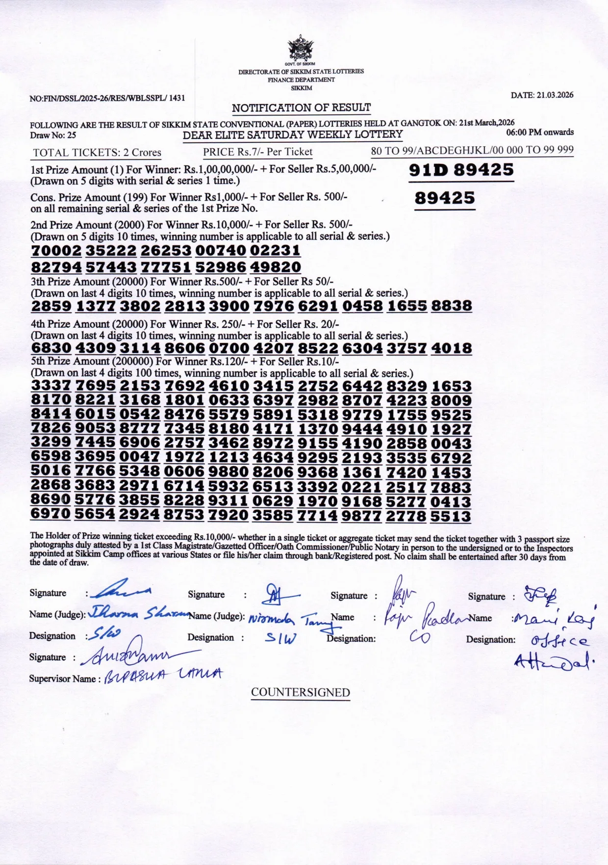 Dear Lottery result 6PM 21.03.2026