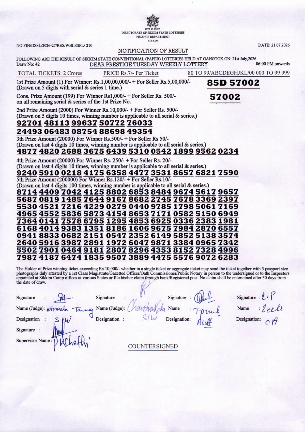 Dear Lottery result 6PM 21.07.2026