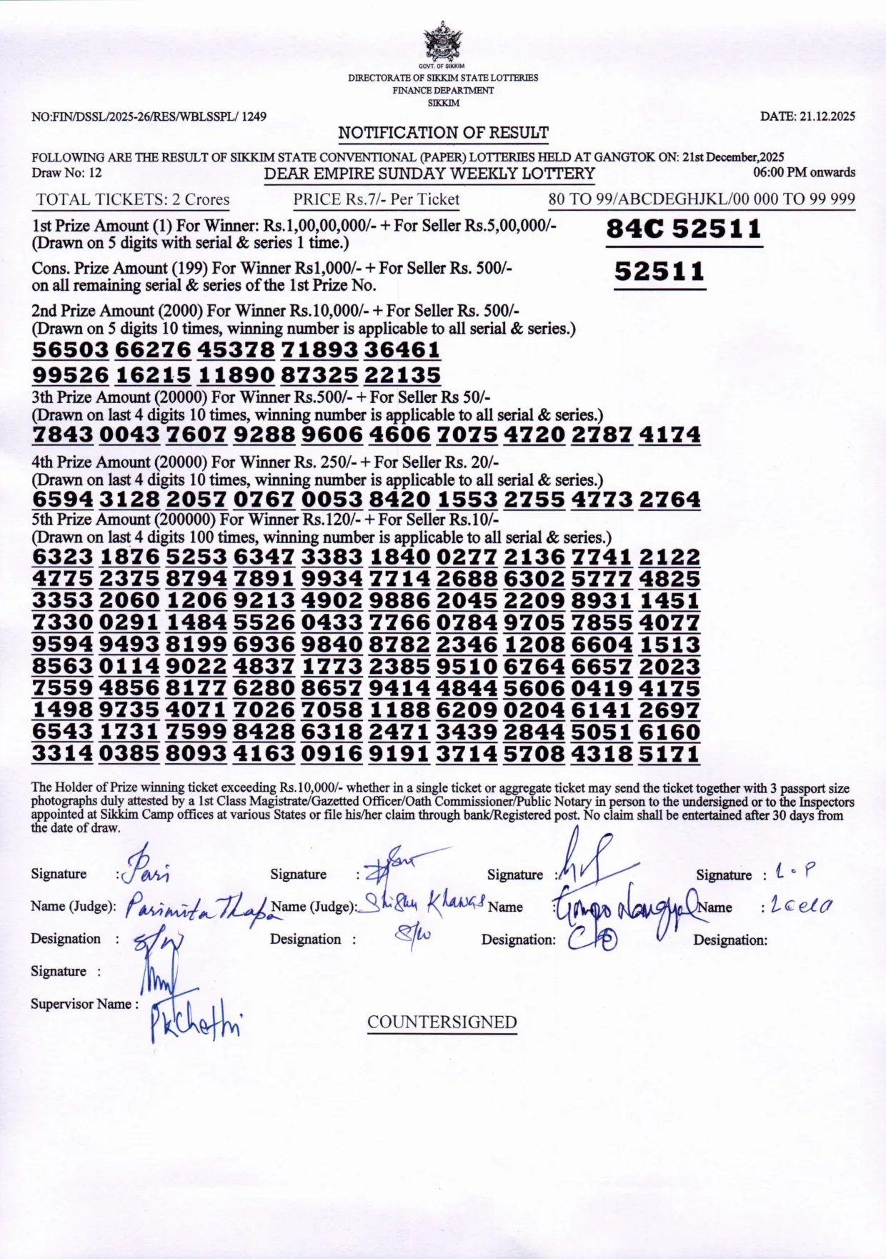 Dear Lottery result 6PM 21.12.2025