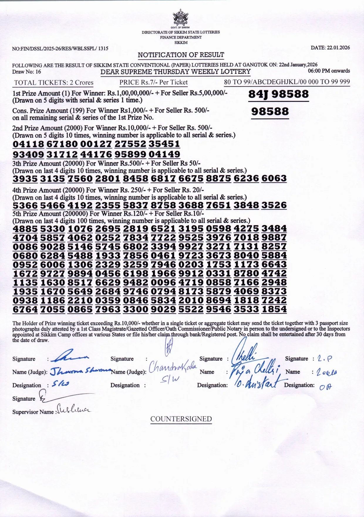 Dear Lottery result 6PM 22.01.2026