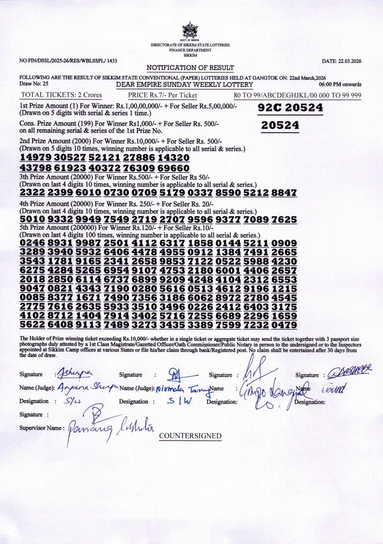 Dear Lottery result 6PM 22.03.2026