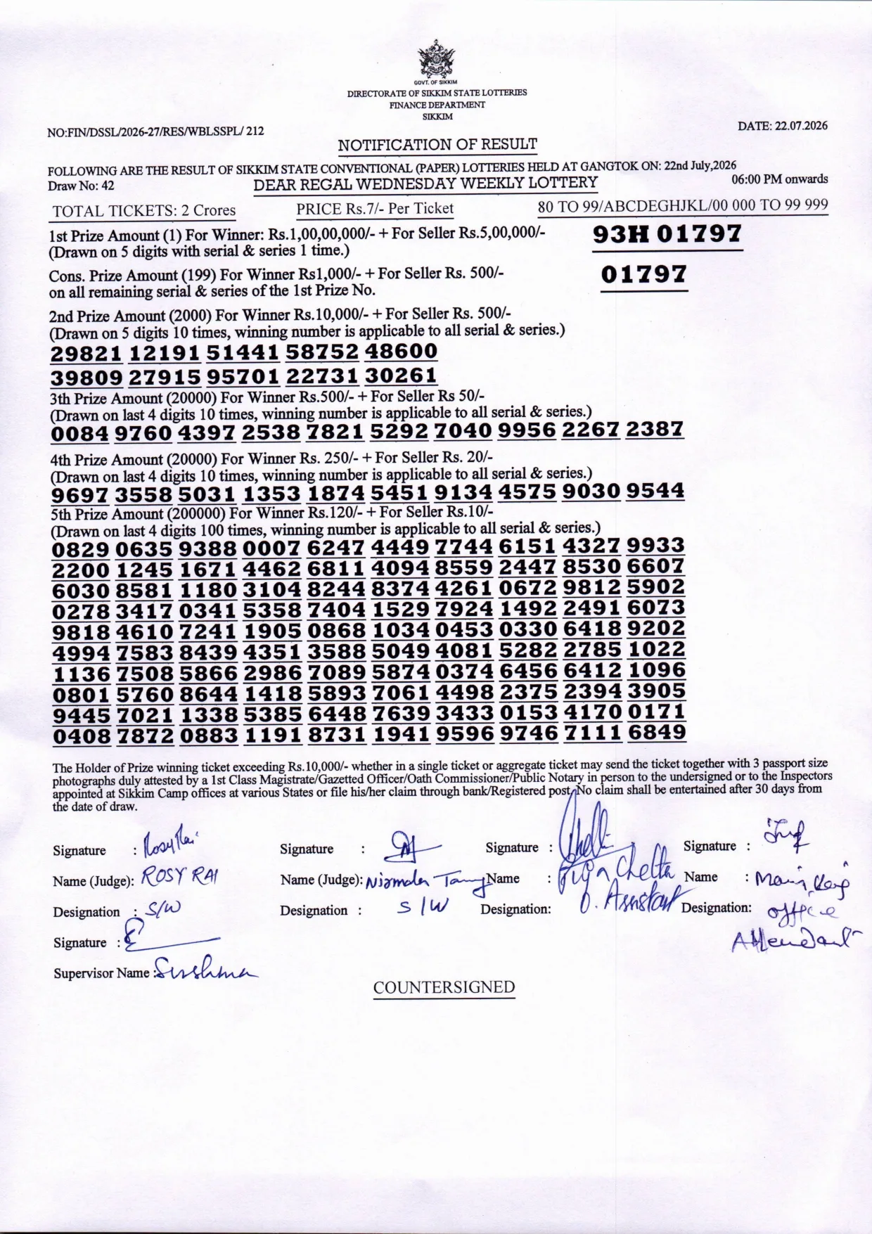 Dear Lottery result 6PM 22.07.2026