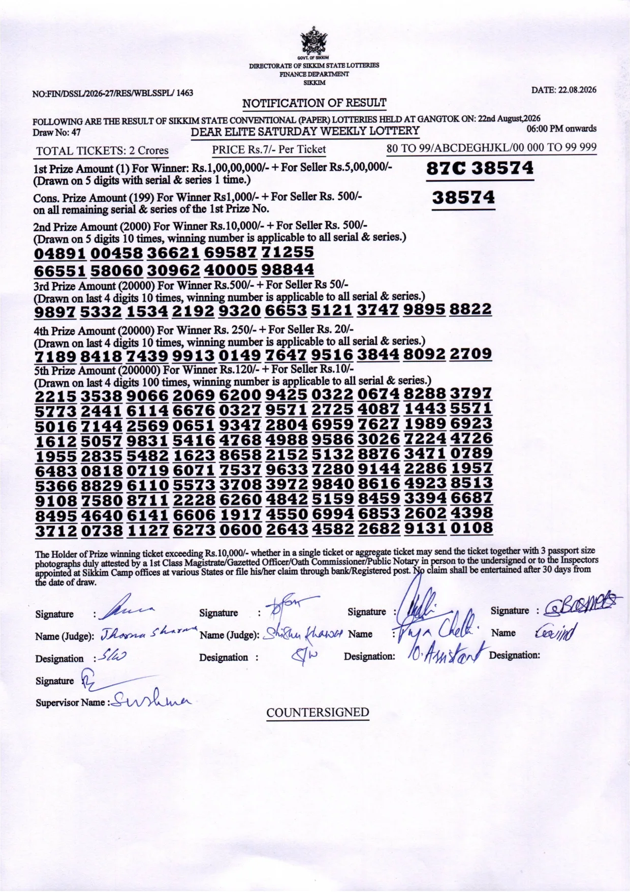 Dear Lottery result 6PM 22.08.2026