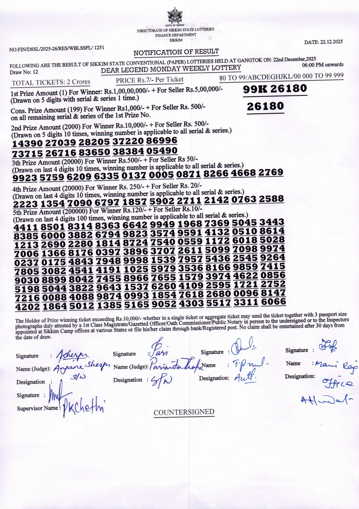 Dear Lottery result 6PM 22.12.2025