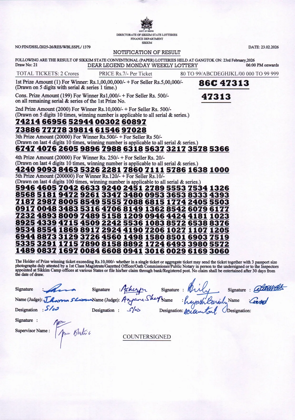 Dear Lottery result 6PM 23.02.2026