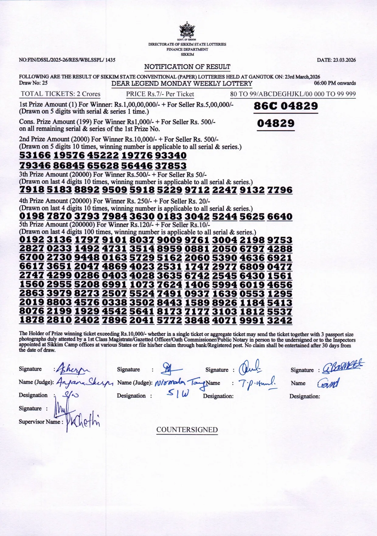 Dear Lottery result 6PM 23.03.2026
