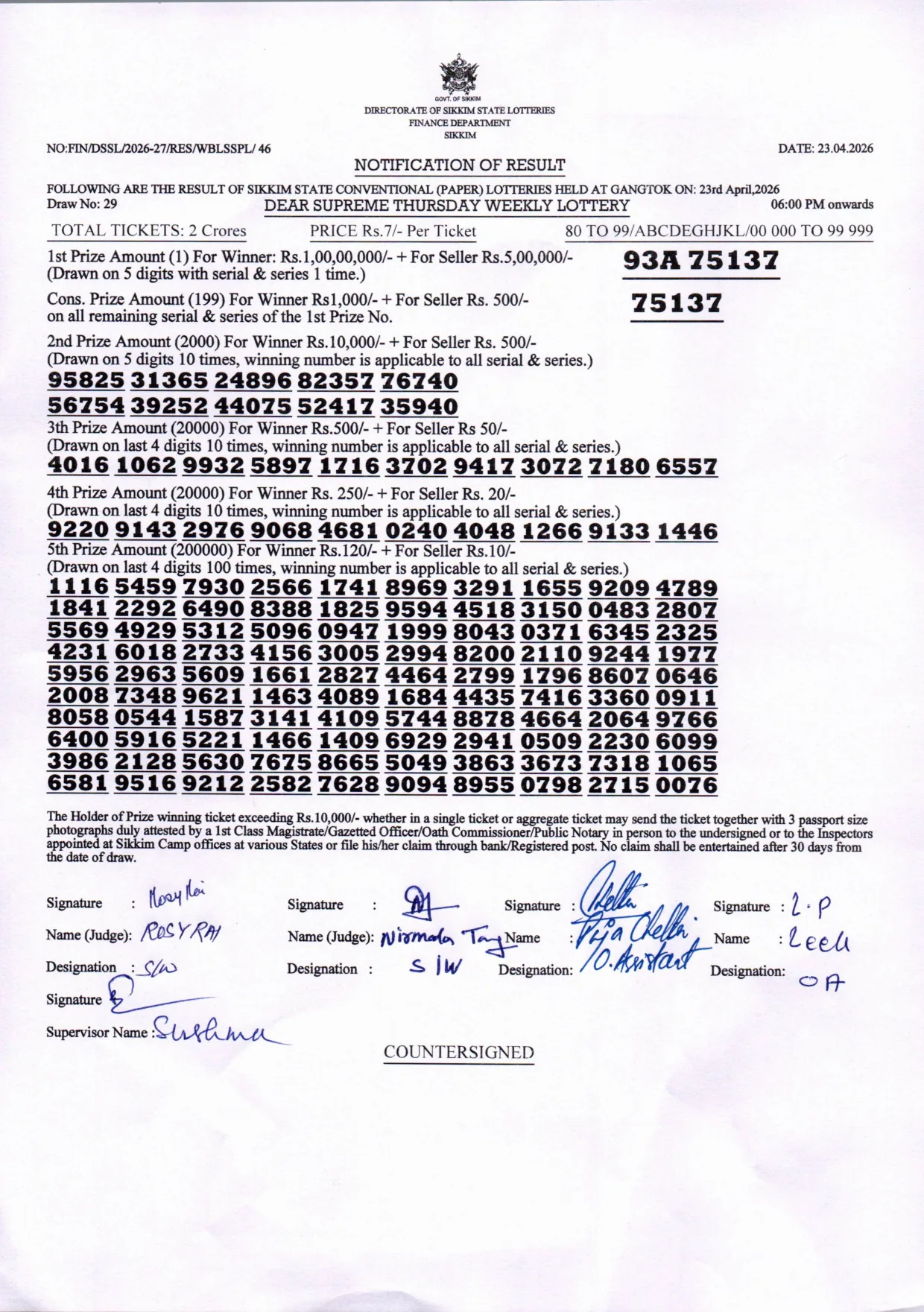 Dear Lottery result 6PM 23.04.2026
