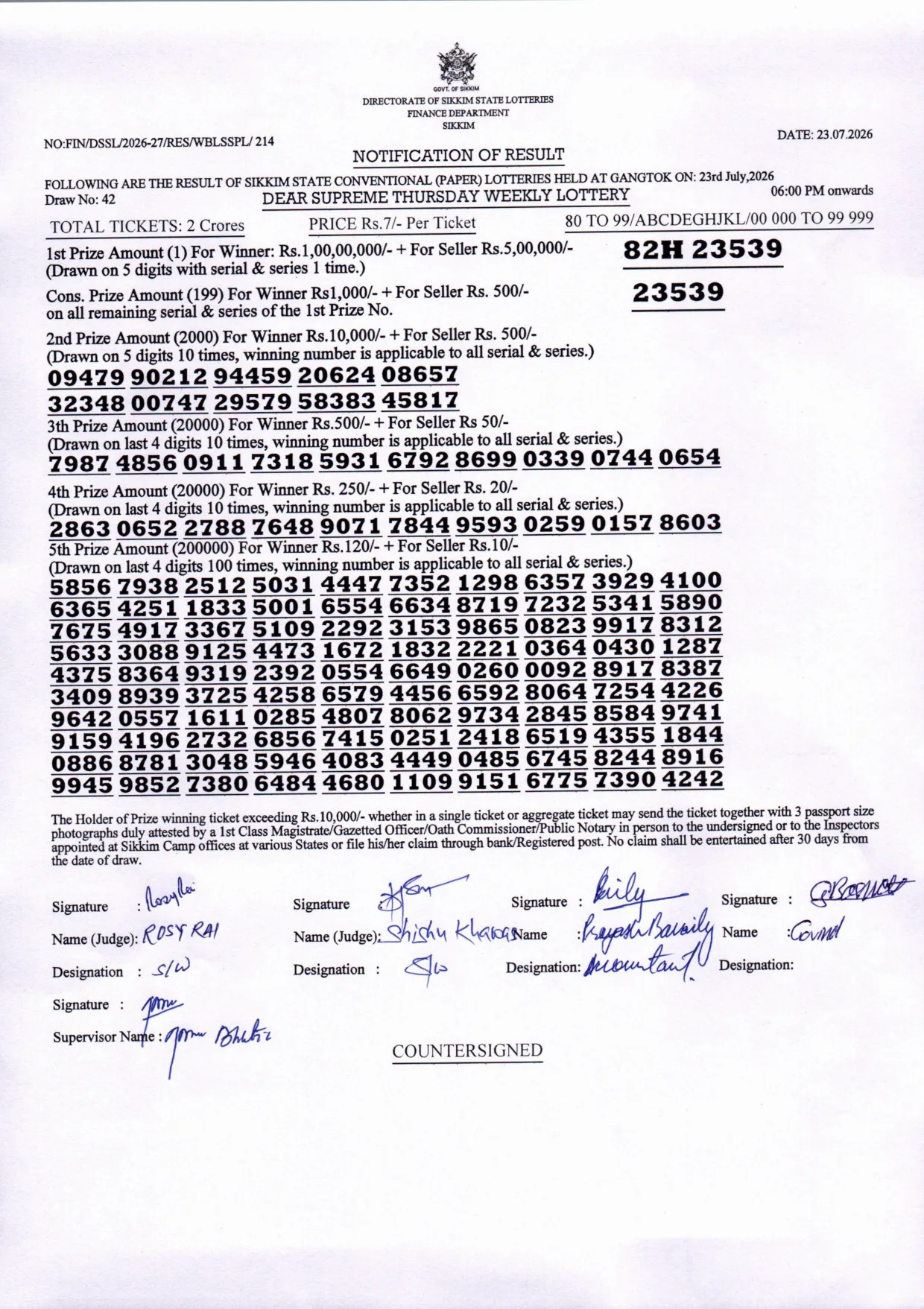 Dear Lottery result 6PM 23.07.2026