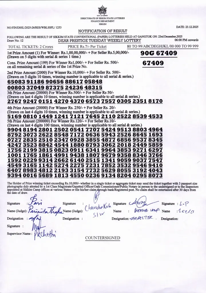 Dear Lottery result 6PM 23.12.2025