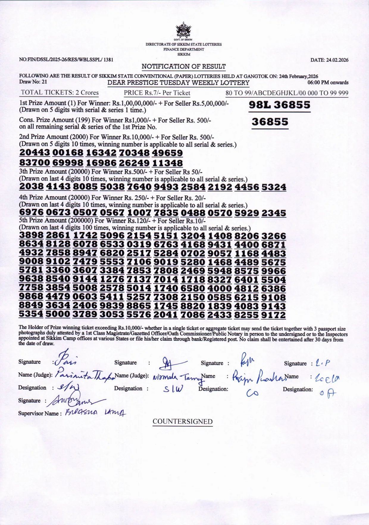 Dear Lottery result 6PM 24.02.2026
