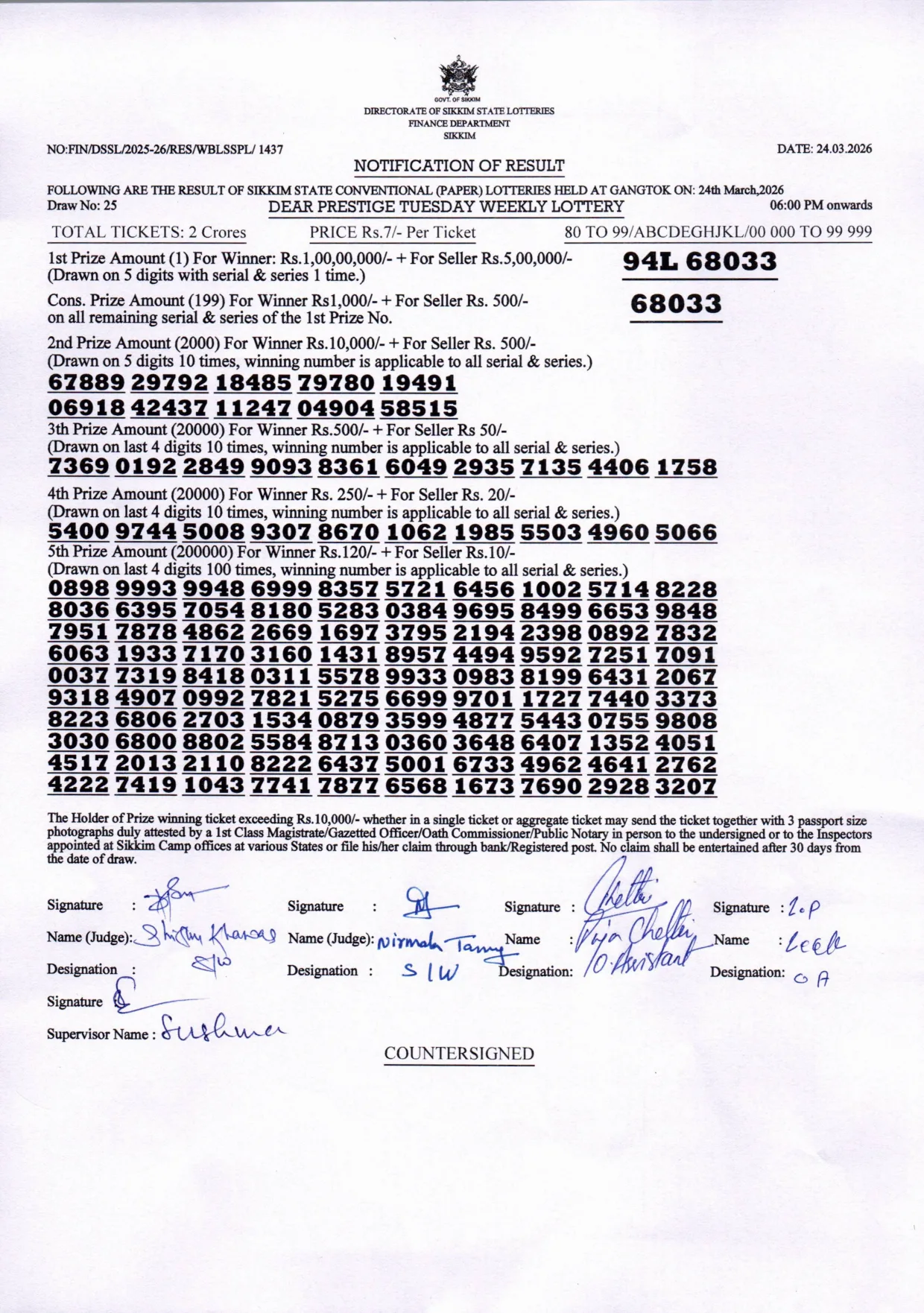Dear Lottery result 6PM 24.03.2026