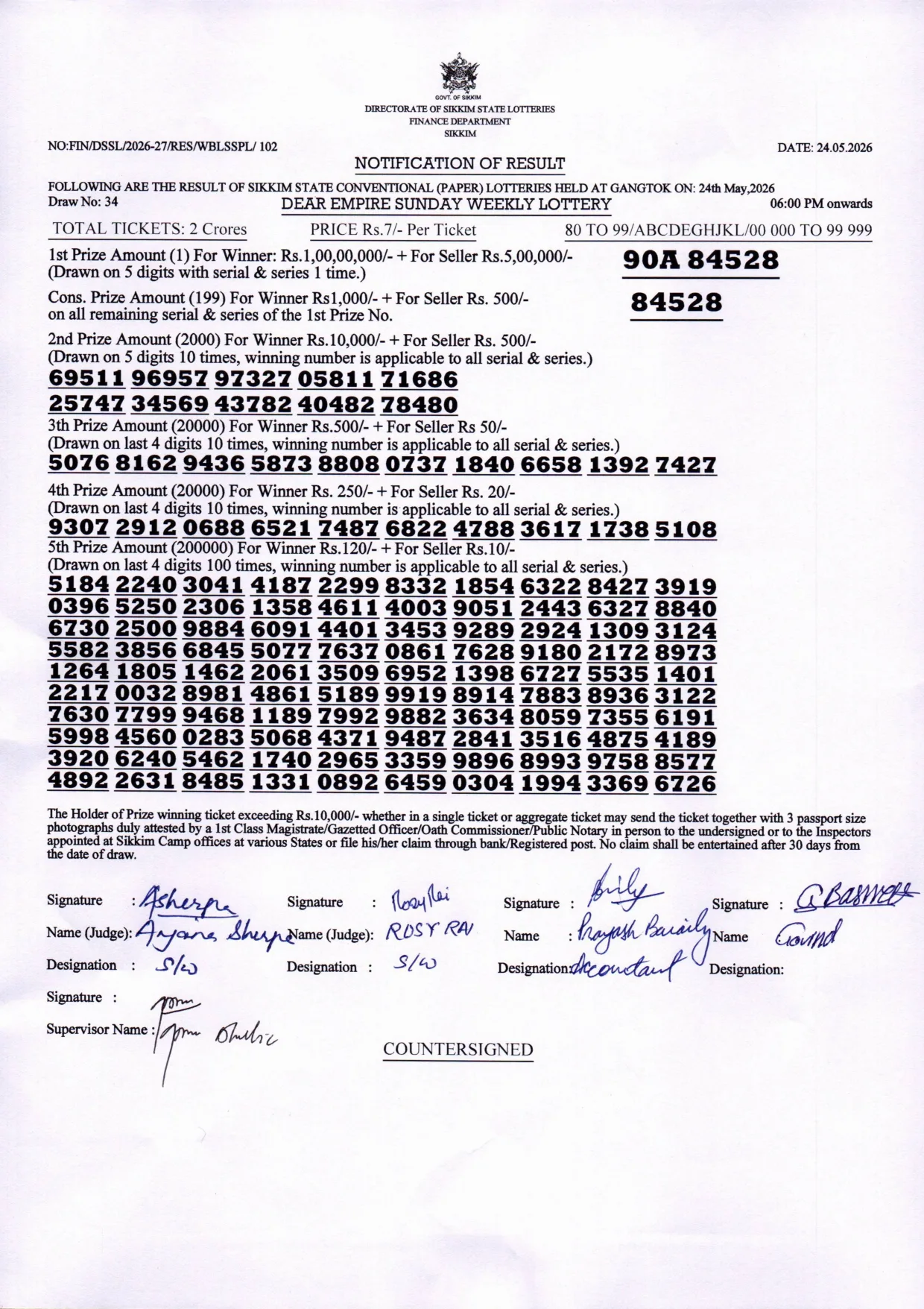 Dear Lottery result 6PM 24.05.2026