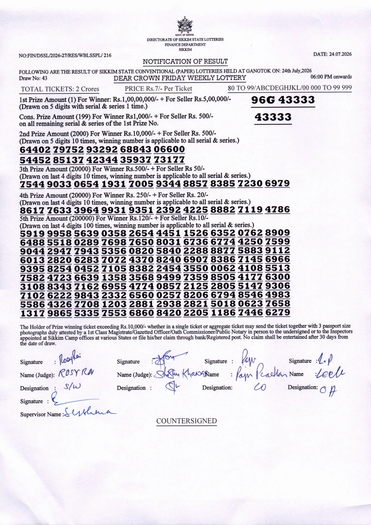 Dear Lottery result 6PM 24.07.2026