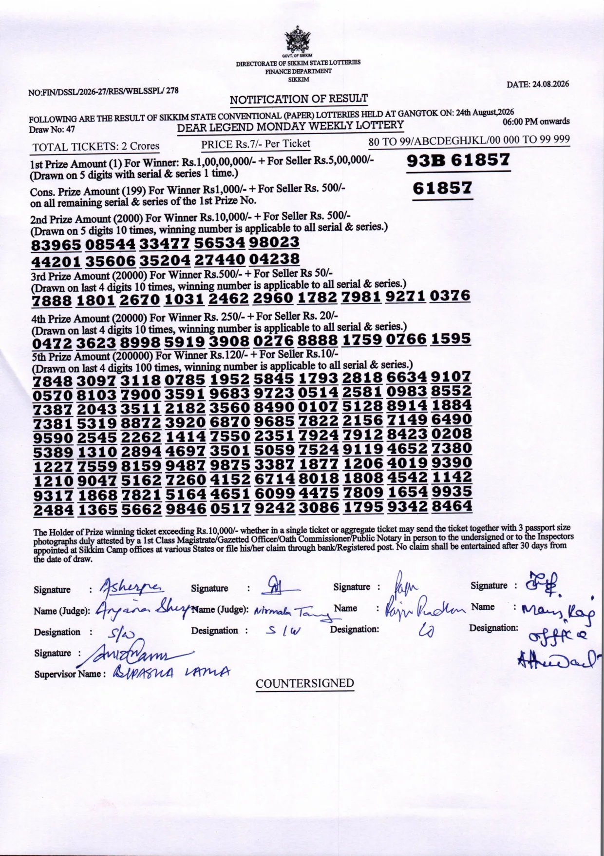 Dear Lottery result 6PM 24.08.2026