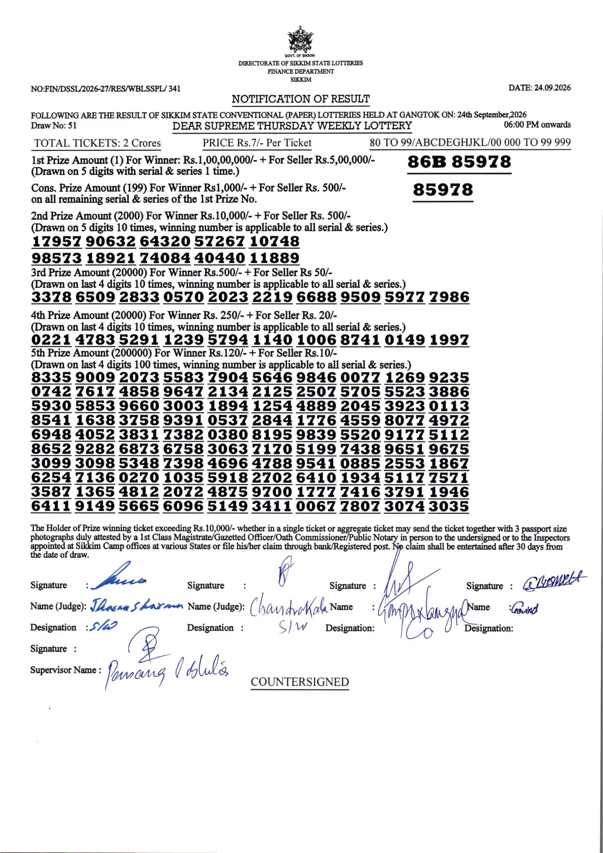 Dear Lottery result 6PM 24.09.2026