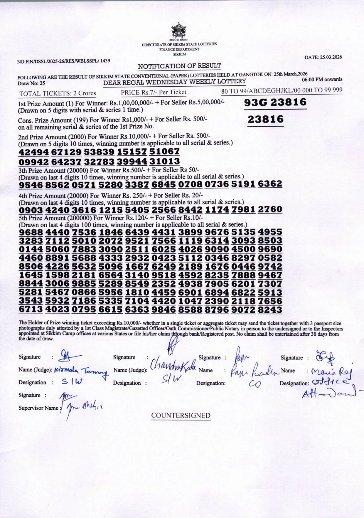 Dear Lottery result 6PM 25.03.2026
