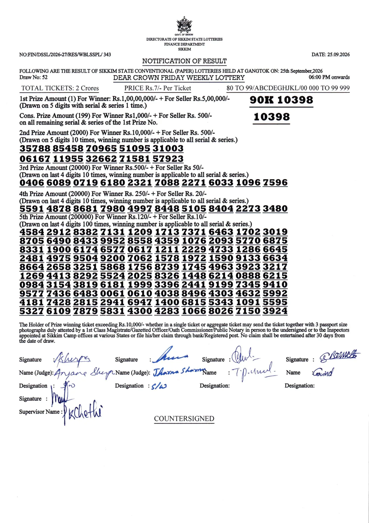 Dear Lottery result 6PM 25.09.2026