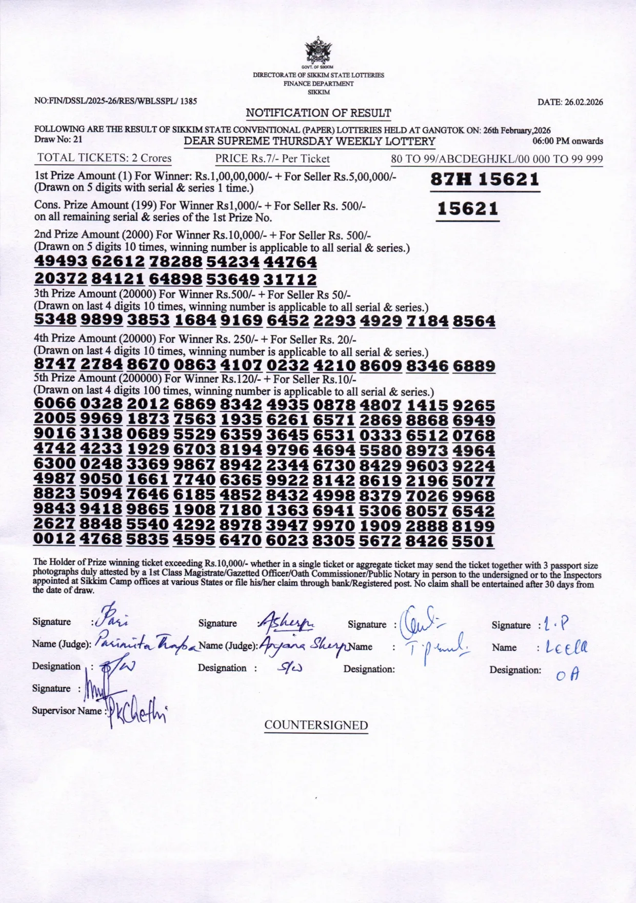 Dear Lottery result 6PM 26.02.2026