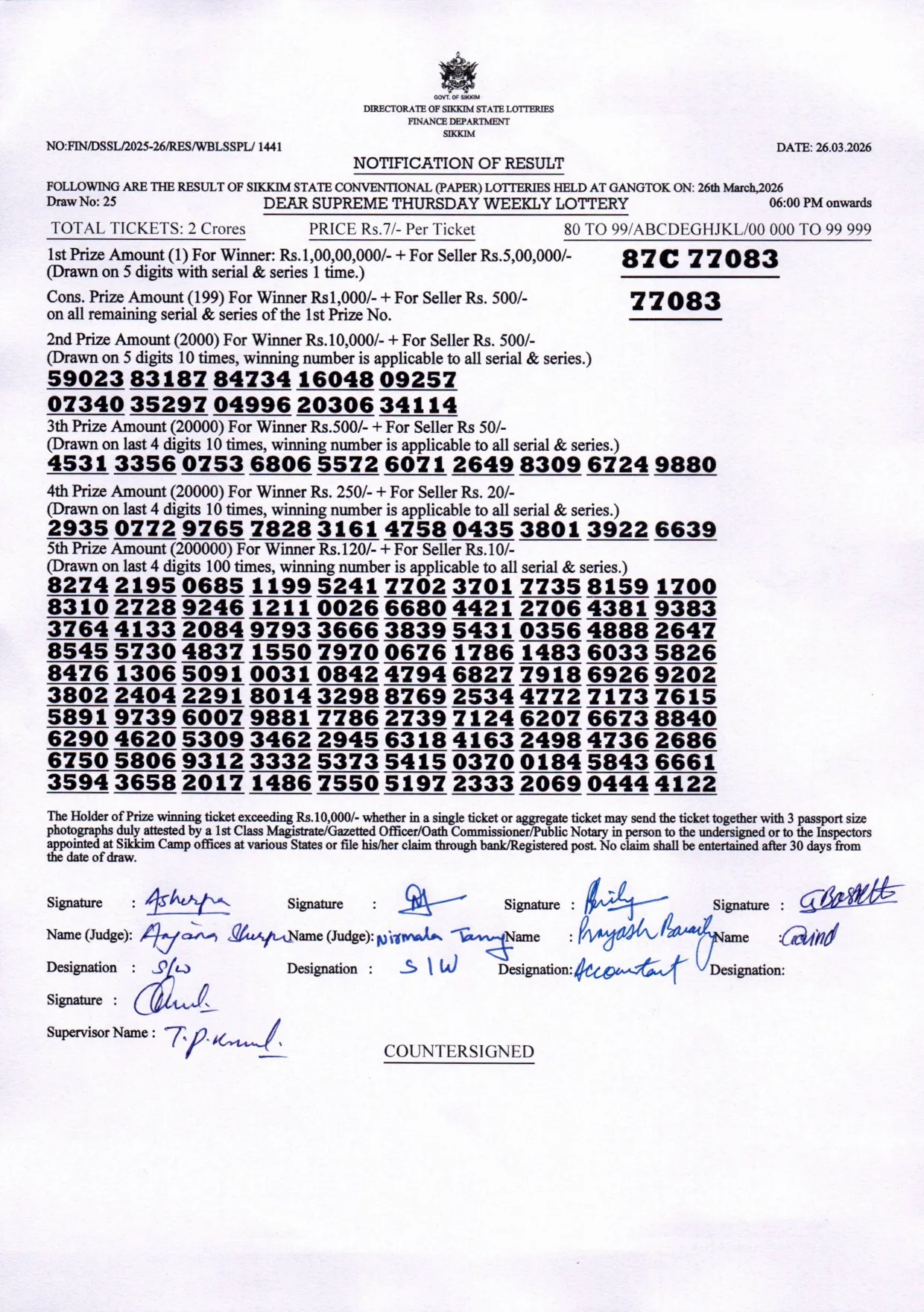 Dear Lottery result 6PM 26.03.2026