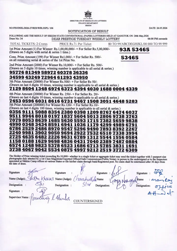 Dear Lottery result 6PM 26.05.2026