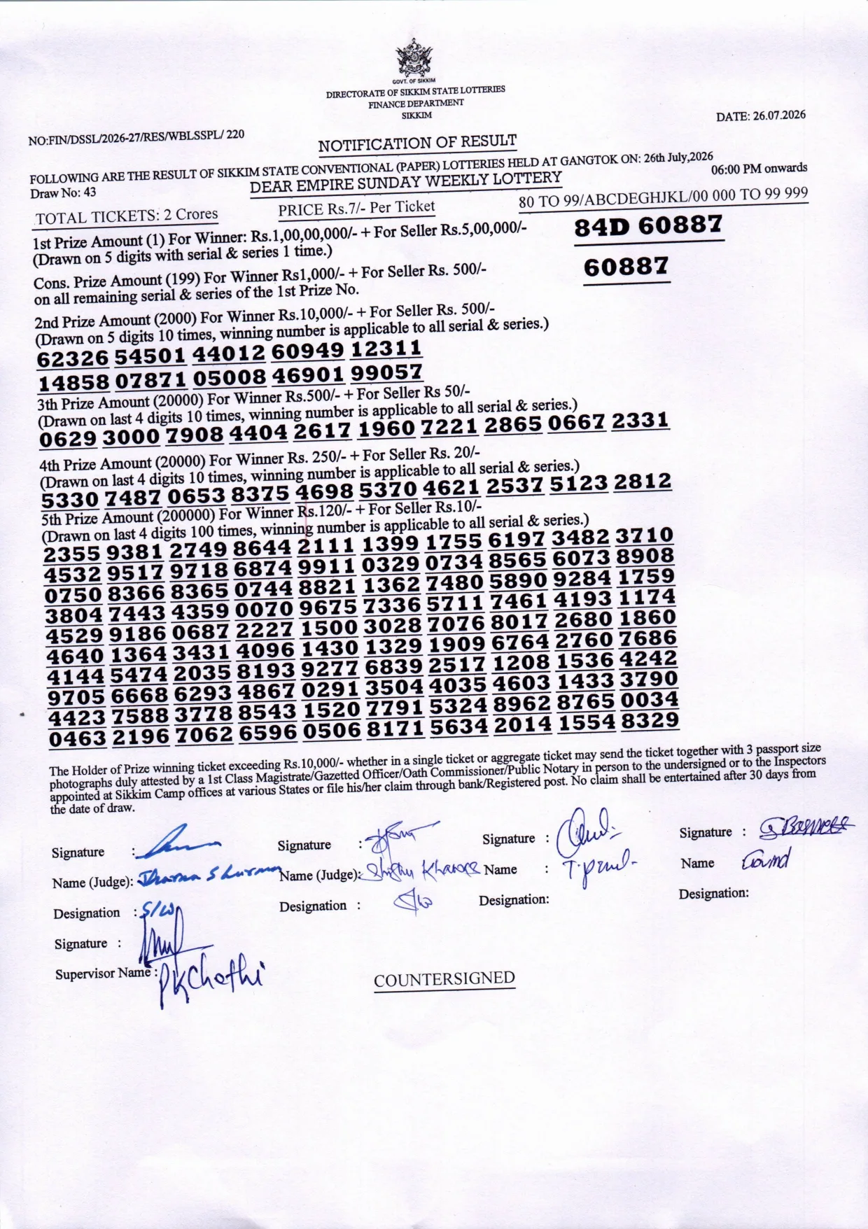 Dear Lottery result 6PM 26.07.2026