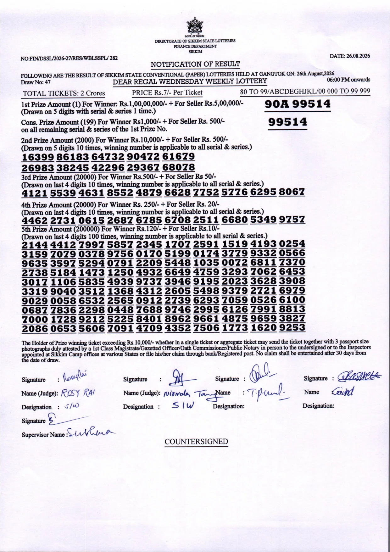 Dear Lottery result 6PM 26.08.2026