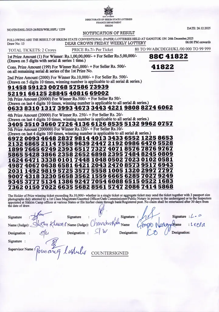 Dear Lottery result 6PM 26.12.2025