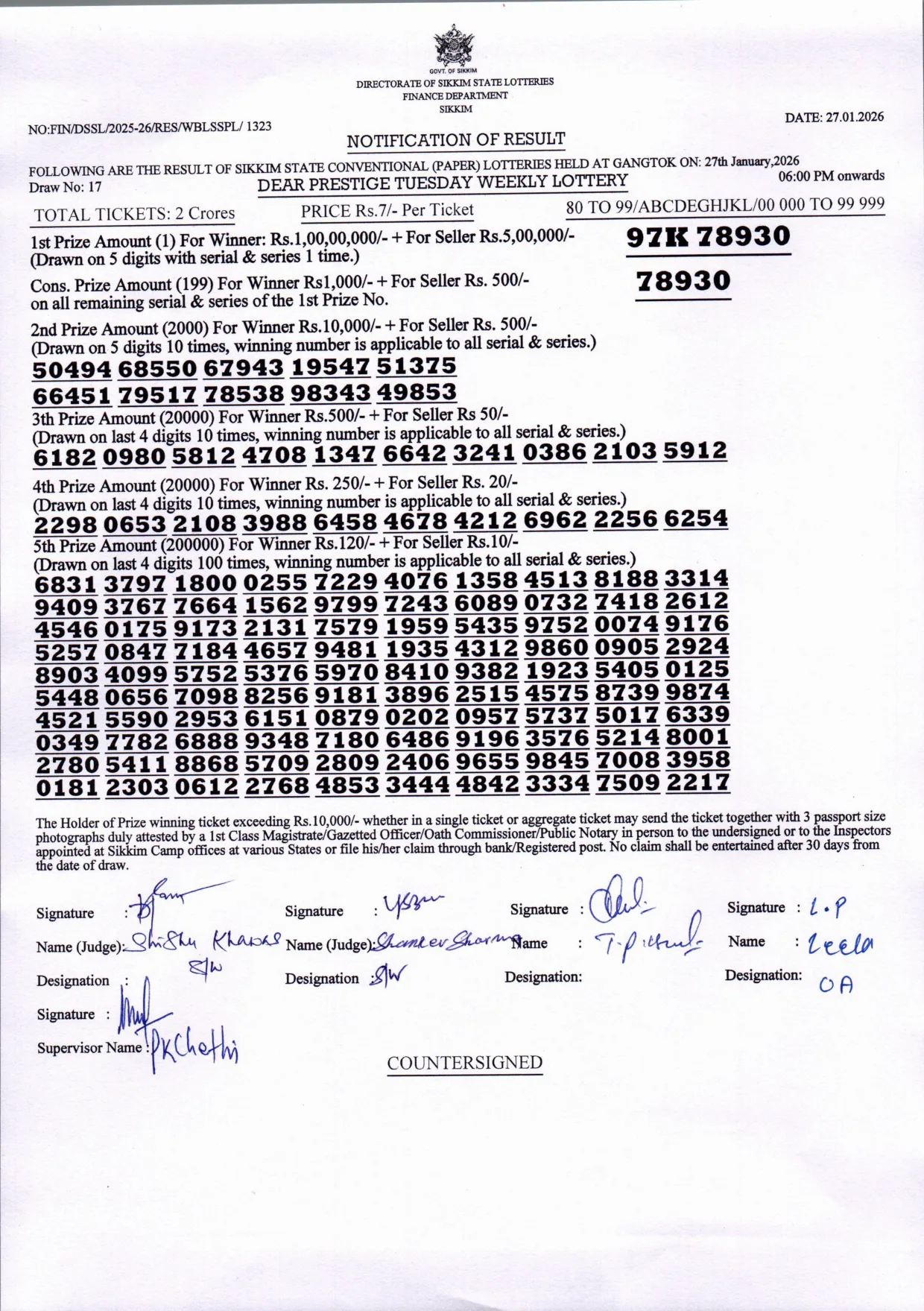 Dear Lottery result 6PM 27.01.2026