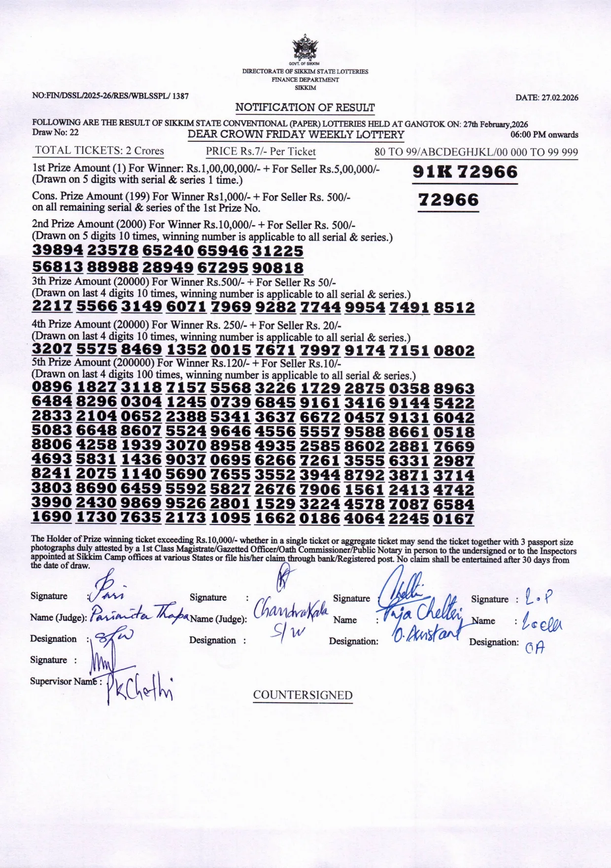 Dear Lottery result 6PM 27.02.2026