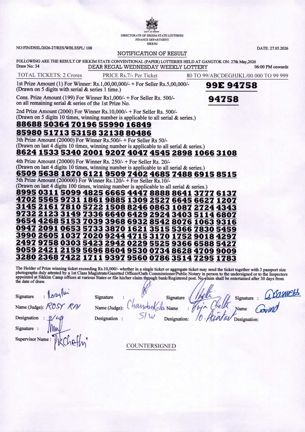 Dear Lottery result 6PM 27.05.2026