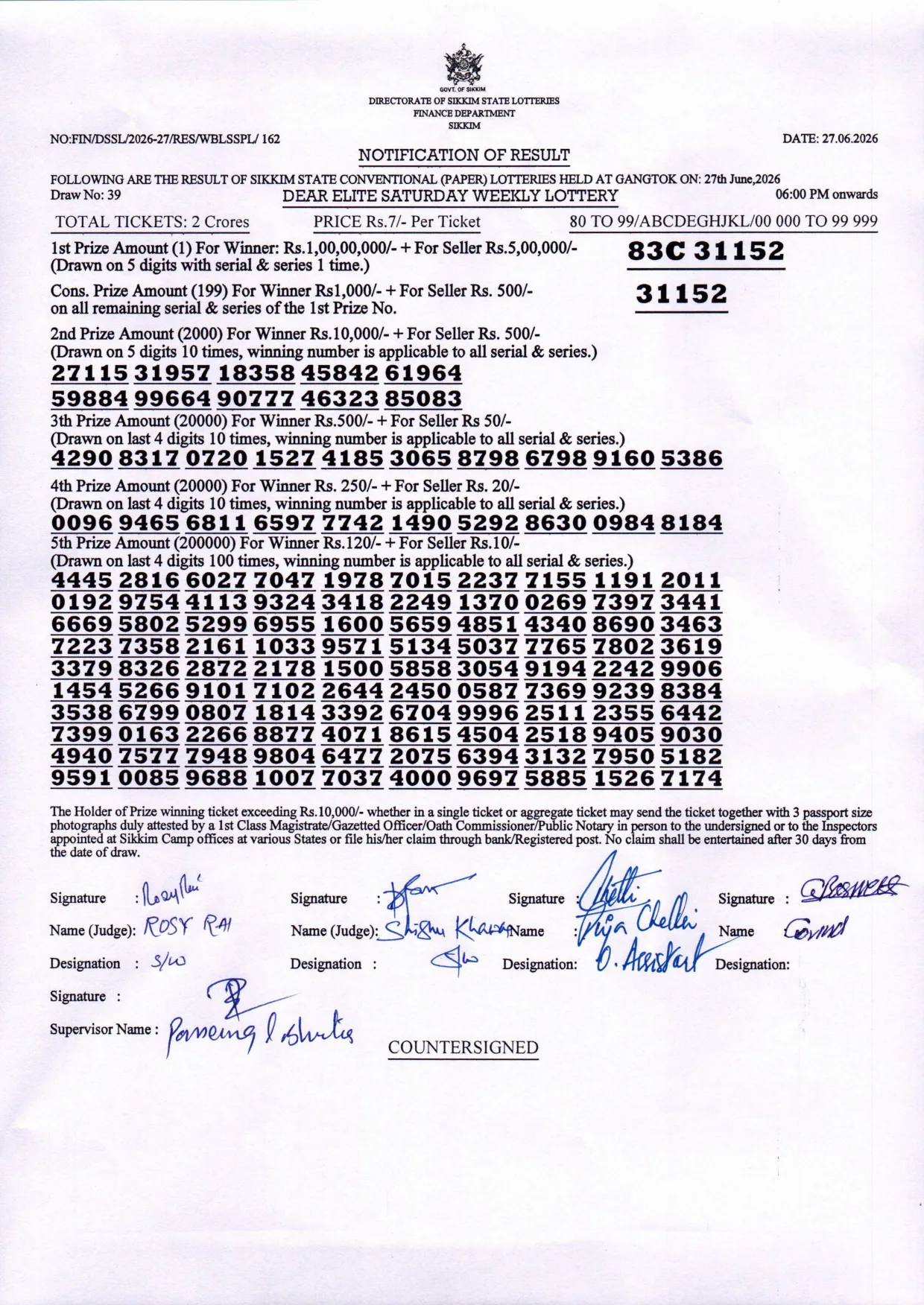 Dear Lottery result 6PM 27.06.2026